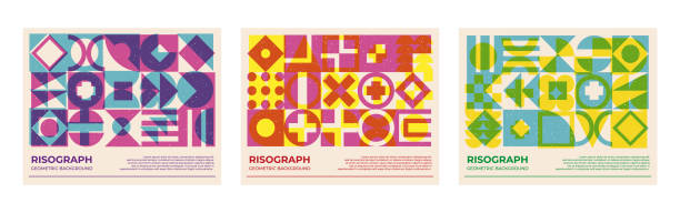 RisoGraph Bauhaus Poster collection with riso print effect. Abstract geometric shapes pattern risograph style riso print stock illustrations
