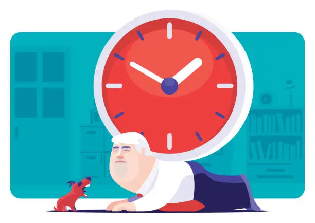 Vector illustration of senior businessman lying on front and trapped by big clock