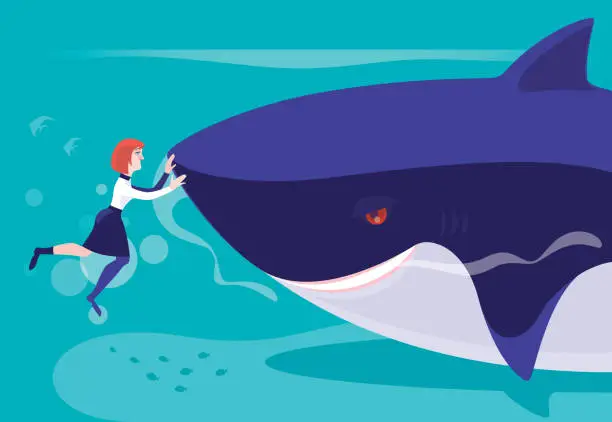 Vector illustration of businesswoman meeting big shark