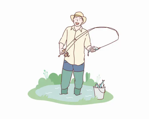 Vector illustration of Fisherman in rubber boots with a caught fish and a fishing rod.