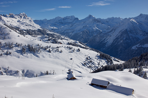 Huts covered in deep snow at Eggberge, Altdorf Uri, Switzerland.