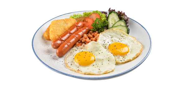 Fried eggs and breakfast hotdogs served in a plate on a white background