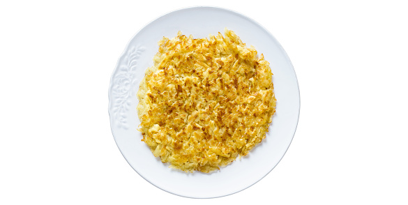Rösti, an hors d'oeuvre served on a plate on a white background