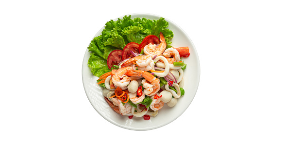 Seafood, shrimp salad, squid, Thai food, food served on a plate, white background
