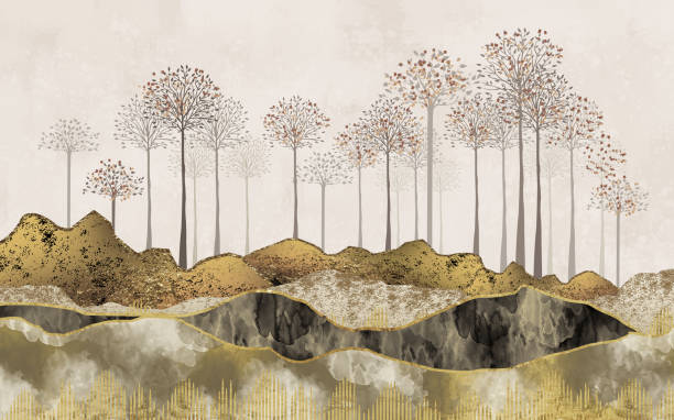 istock 3d modern flat art mural wallpaper. Jungle, forest background. Christmas tree, marble golden mountain in painting background 1829836393