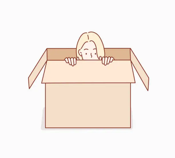 Vector illustration of Young woman hiding in a carton box.