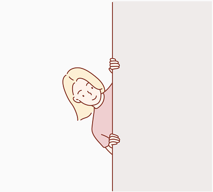 Vector of woman hiding behind wall. Hand drawn style vector design illustrations.