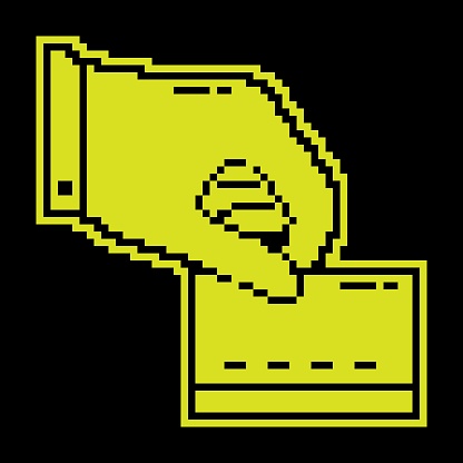 Pixel silhouette icon. Female hand holds plastic bank credit card. Paying for purchases in store with bank card. Simple black and yellow vector isolated