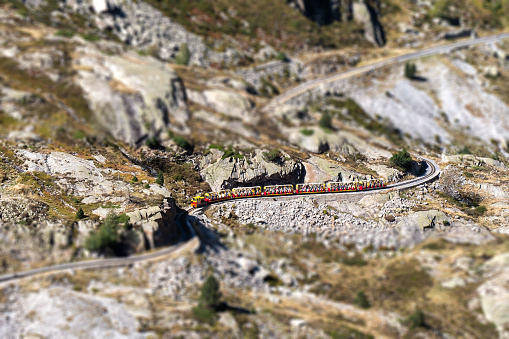 tilt shift of the little train of Artouste, Pyrenees mountains, France