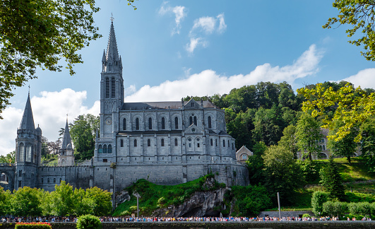 View of the basilica in Lourdes city, France
