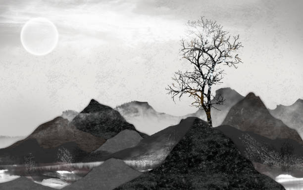 istock Black and white hill landscape view wallpaper. white moon, black tree and mountains. gray background. 3d illustration art 1829856520