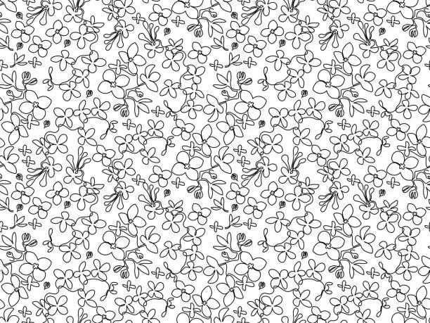 Vector illustration of black and white monochrome seamless doodle floral pattern