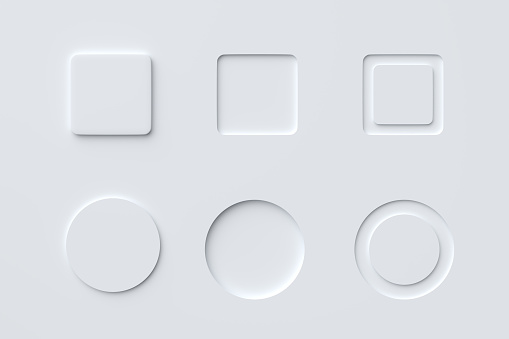 Neumorphism design set with neumorphic buttons. Simple trendy design elements UI components on white background. 3D render.