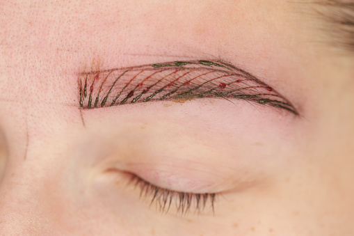 Microblading, tiny hair-like strokes to create a natural looking brow, semi-permanent tattooing technique used for the eyebrows by creating an illusion of a more defined and fuller brow.