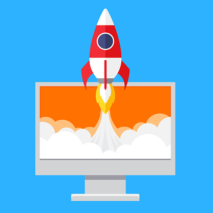 Space rocket flies out of laptop screen. Successful business start and technology. Startup launch online on computer pc. New innovation project development idea, monitor screen with rocket ship