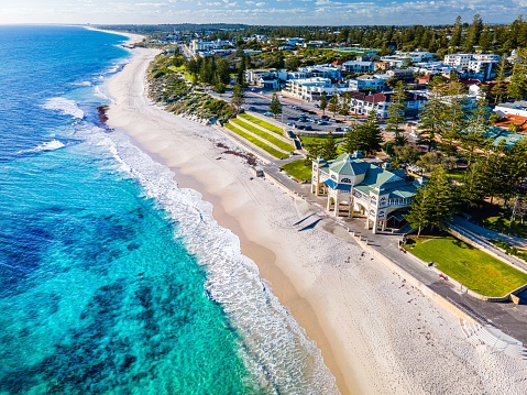 An aerial view of the stunning Cottesloe Beach in Western Australia, with crystal blue waters