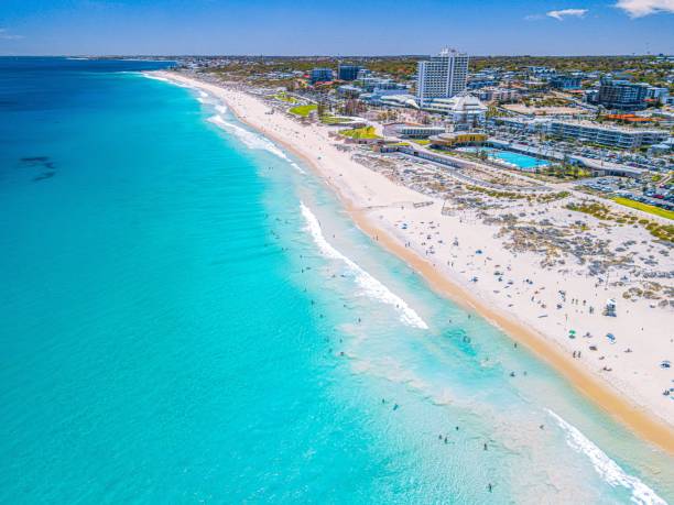 Aerial view of Scarborough Beach, Perth, Western Australia, with pristine white sands An aerial view of Scarborough Beach, Perth, Western Australia, with pristine white sands western australia flag stock pictures, royalty-free photos & images