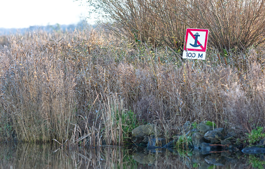 No mooring sign in the reeds, the Netherlands