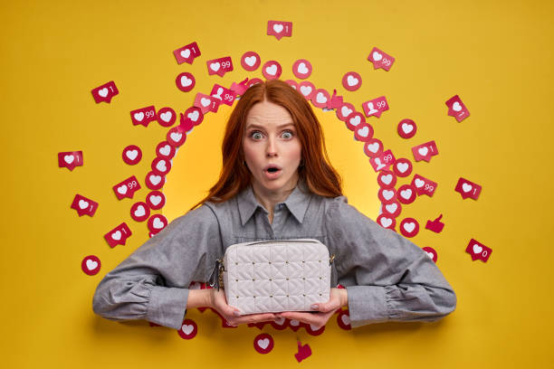 istock funny excited female reviews new bag, distributes tips to subscriber audience 1829951177