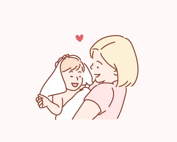 Vector illustration of Happy family mother and baby in a white towel after bathing in the bath.