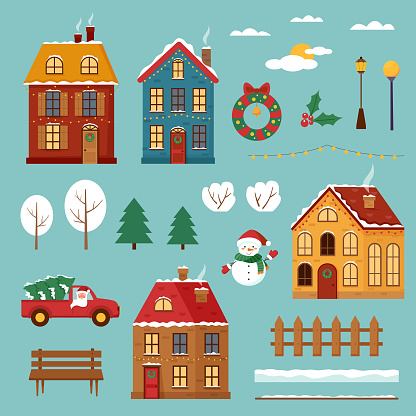 Set of winter Christmas houses with elements isolated on blue.