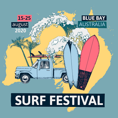 Surf festival poster with retro pickup, surfboards, palm trees and sea waves. Vector illustration in vintage style