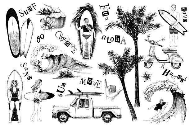 Set of hand drawn surfing icons Set of hand drawn surfing icons. Pickup, scooter, palm trees, sea waves, people with surfboards, cocktails, shaka gesture inside. Vector illustration symbols of california stock illustrations