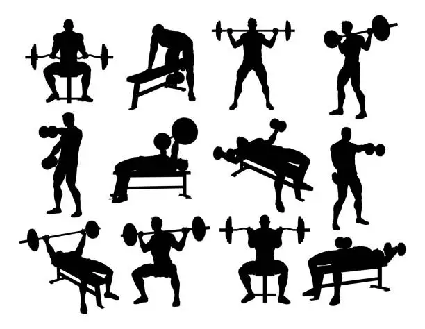 Vector illustration of Weight Lifting Man Weightlifting Silhouette Set