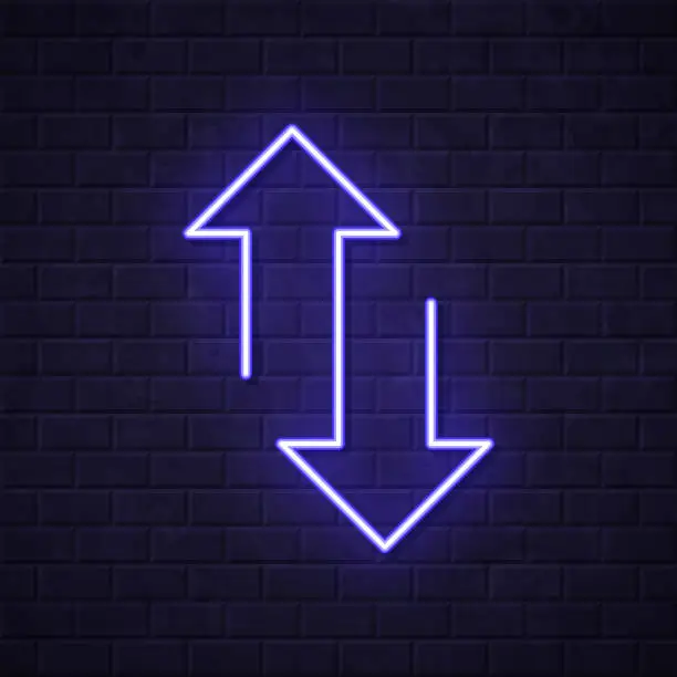 Vector illustration of Up and down transfer arrows. Glowing neon icon on brick wall background