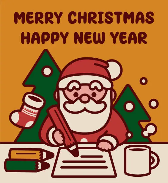 Vector illustration of Adorable Santa Claus sitting at a desk and writing or drawing a Christmas card to wish you a Merry Christmas and a Happy New Year