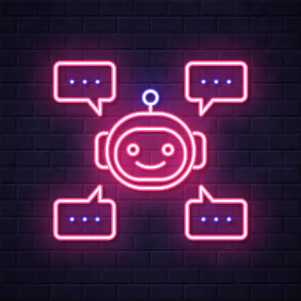 Vector illustration of Chatbot with speech bubbles. Glowing neon icon on brick wall background