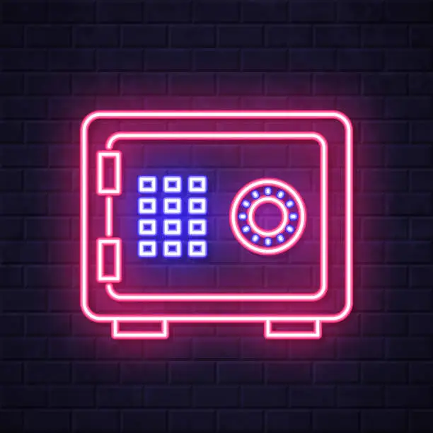 Vector illustration of Safe box. Glowing neon icon on brick wall background