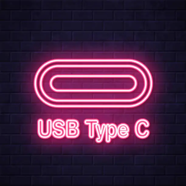 Vector illustration of USB Type C port. Glowing neon icon on brick wall background