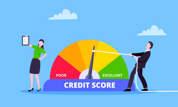 istock Man pushes credit score arrow gauge speedometer indicator with color levels. 1829959236