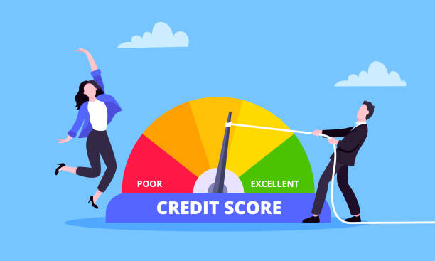 istock Man pushes credit score arrow gauge speedometer indicator with color levels. 1829959238