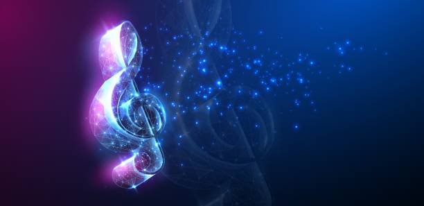 972_ÑкÑипиÑнÑй клÑÑ v2__+ Abstract digital 3d clef treble on neon background. Digital music, Orchestra entertainment, Modern technology, Music school symbol, Key tune, Clef sign, Treble note, Poster art, Song staff concept neon music notes stock illustrations