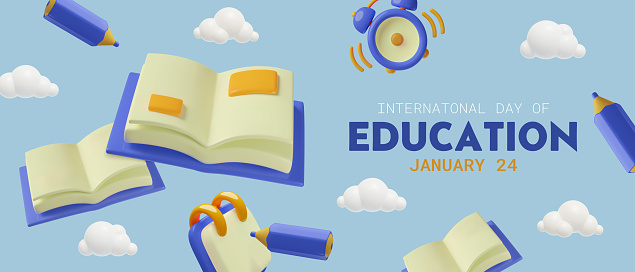 Education Banner or background with 3D blue three dimensional stationary for International Day of Education January 24. Toy plastic vector objects open book, pencil, notepad, alarm clock clouds.