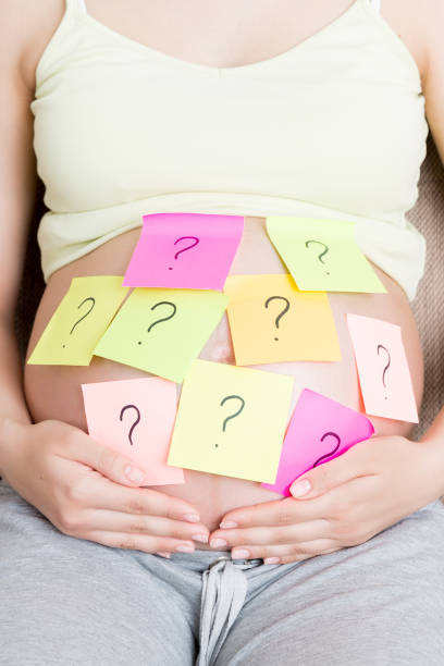 istock Pregnant woman belly with question mark. Pregnancy and thinking problem 1829985034