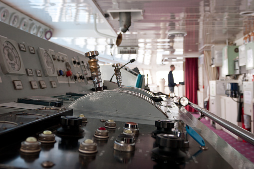 Command Bridge of an Old Ferry Ship from the 70's with all Instrumentation