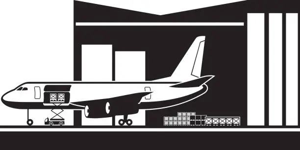 Vector illustration of Cargo airplane at airport warehouse