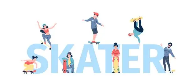 Vector illustration of Active skaters characters concept. Teenagers on skateboarding, sport training or seasonal outdoor recreation. Young make tricks, recent vector concept