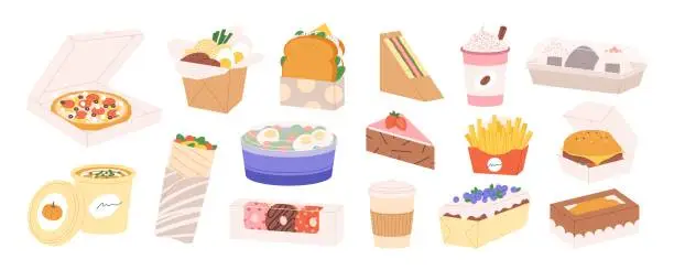 Vector illustration of Food and coffee to go. Sandwiches and salads, takeaway pizza and sushi. Take out meal carton or paper and plastic packs and containers, racy vector set