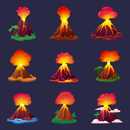 Cartoon volcano elements. Eruption volcanoes, isolated fire and magma and lava from mountains. Nature explosion, erupted cataclysm nowaday vector set of lava eruption cartoon illustration