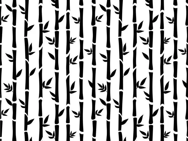 Vector illustration of Bamboo forest texture, black sticks with leaves seamless pattern. Japanese or chinese style stalks, decorative nature nowaday vector background
