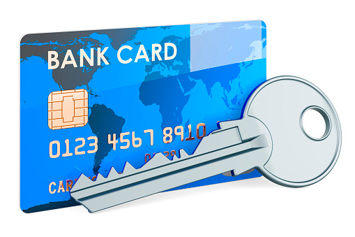 Key with credit card, 3D rendering isolated on white background