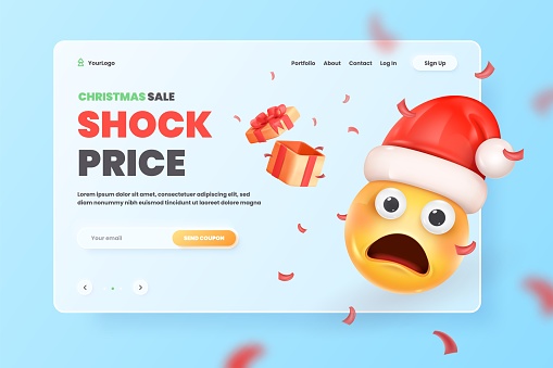 3d christmas landing. Xmas sale offer banner design, surprise gift box funny render smiley in santa hat, shock price noel holiday shopping new year realistic vector illustration of holiday sale