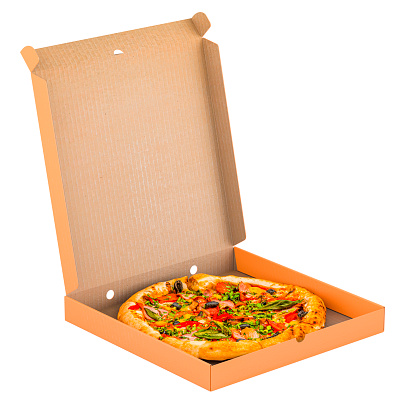 Opened pizza box with pizza, 3D rendering isolated on white background