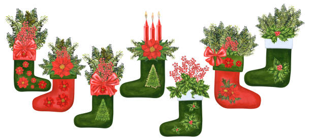 illustrations, cliparts, dessins animés et icônes de aquarelle de noël bas rouge et vert pour cadeaux avec motif d’hiver de poinsettia rouge, houx et arbre de noël pour les invitations, cartes postales, affiches, cadres et bannières pour noël, nouvel an - surprise gift box christmas present religious celebration