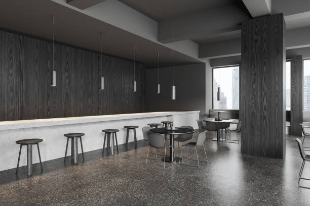 istock Black restaurant interior with dining space and bar counter, panoramic window 1830019088