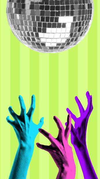 istock Poster. Contemporary art collage. Hands eagerly reach for disco ball so fun can begin against stripped green background. Bright comics style design. 1830028075